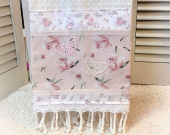 Pink Peony Kitchen towel fringe trim & Butterfly appliques Shabby Cottage chic cotton Vintage Style