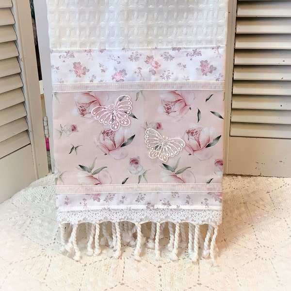 Pink Peony Kitchen towel fringe trim & Butterfly appliques Shabby Cottage chic cotton Vintage Style