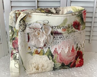 Large Market Tote French Script Pink Roses Purse Vintage crochet shoulder strap