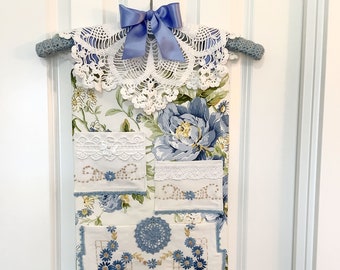 Blue Roses wall pocket organizer Shabby Cottage roses with crochet hanger