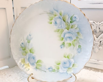 Hand Painted Blue Roses porcelain plate by Irene Marshall Vintage Display Plate