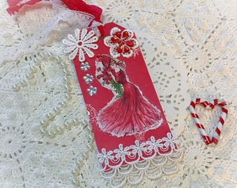 Vintage Lady in Red Roses gift tag junk journal tag