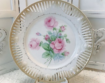 Vintage Bavaria Germany Plate Pink Rosebuds Vintage Reticulated Display Plate