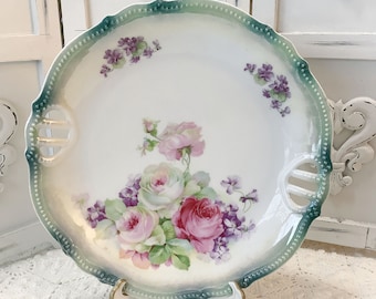 Vintage Germany Plate Pink Roses & Violets Antique Display Plate