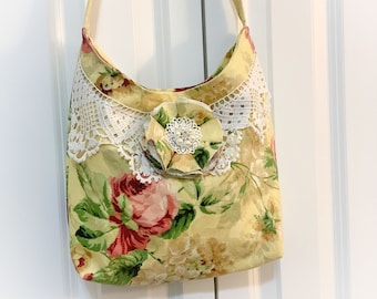 Butter Yellow tote handbag Red Rose handbag with shoulder strap