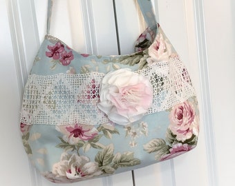 Pink Roses French Blue Handbag Slouchy Hobo boho handbag with long shoulder strap