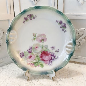 Vintage Germany Plate Pink Roses & Violets Antique Display Plate
