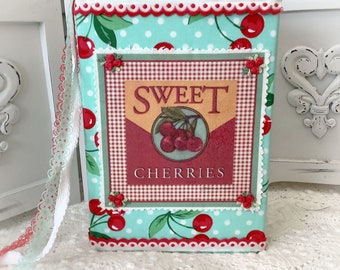 Embellished Retro Cherries theme padded fabric junk journal with blank pages