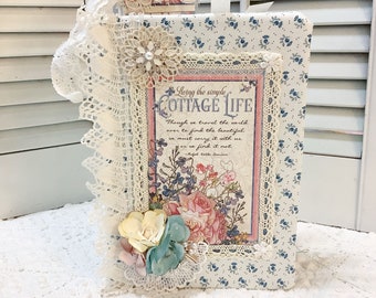 Cottage Life Journal Embellished Pink & Blue garden roses junk journal padded fabric travel journal w/blank pages Shabby Cottage Style
