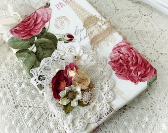 Embellished Paris Roses Journal Victorian padded fabric travel journal w/blank pages Shabby French Pink Roses