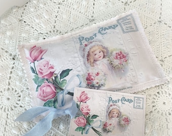 Vintage Postcard Sachet Pink Roses French Lavender buds