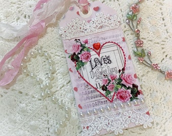 Love's Sweet Song Valentine tag Pink Roses Vintage style gift tag junk journal tag