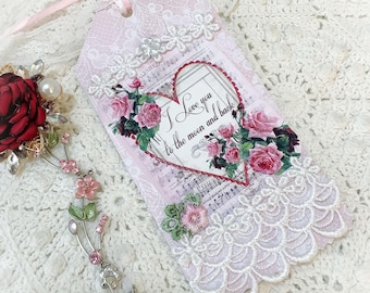 Vintage Valentine Heart Love Embellished journal or Gift tag