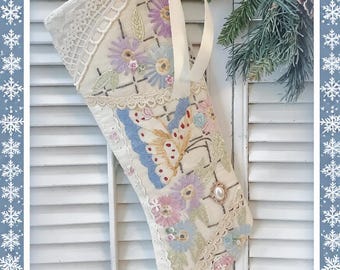 Victorian long stocking: Vintage Butterfly Embroidery and lace