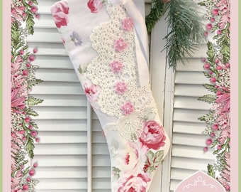 Victorian long stocking Shabby Pink Roses chic Vintage crochet trim