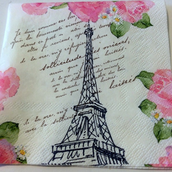 5 serviettes Decoupage PARIS, Tour Eiffel Paris, serviettes roses roses, serviettes Tour Eiffel, serviettes de table français, serviettes en papier pour découpage