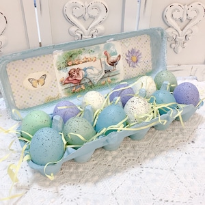 Ovos de Páscoa salpicados em caixa decorada cartões postais vintage Azul-água Presente de Páscoa Shabby Chic Casa de campo roxa Ovos de Páscoa salpicados em tons pastéis