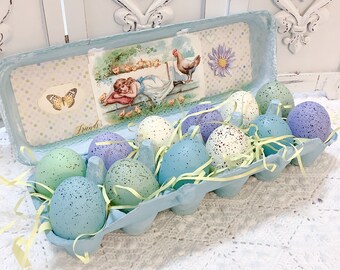 Easter Speckled Eggs in Decorated Carton vintage postcards Aqua blue Shabby Chic Easter Gift Purple Cottage Speckled pastel Easter eggs