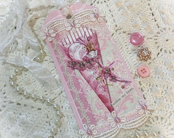 Vintage Tussie Mussie tag Pink Roses gift tag junk journal tag