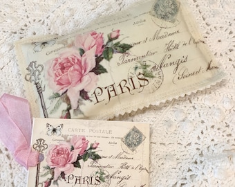 Vintage Paris Postcard Sachet Pink Roses Key to Paris French Lavender buds OR Rose Petals Free ship USA