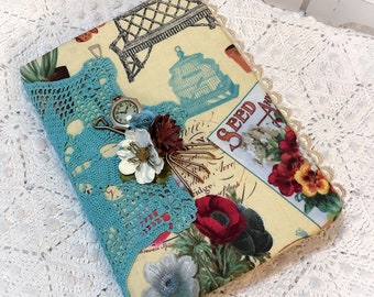 Embellished Gardeners Journal padded fabric writing journal w/blank pages Vintage style seed, vegetable flowers Time to Garden