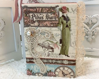 Embellished Ladies Dairy Journal Victorian Edwardian padded fabric travel journal w/blank pages Shabby French Pink Roses