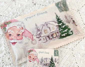 Vintage Christmas Sachet Postcard Lavender Buds OR Balsam Fir Sachet Pink Santa