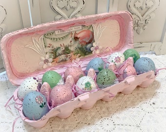 Easter Decorated Eggs in Carton vintage postcards PINK Shabby Chic Easter Gift  Cottage glittered pastel Speckled Easter eggs