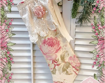 Victorian long stocking: French Roses chic Vintage Crochet trim