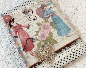 Embellished Ladies Journal Victorian Edwardian padded fabric travel journal w/blank pages Shabby French Pink Roses