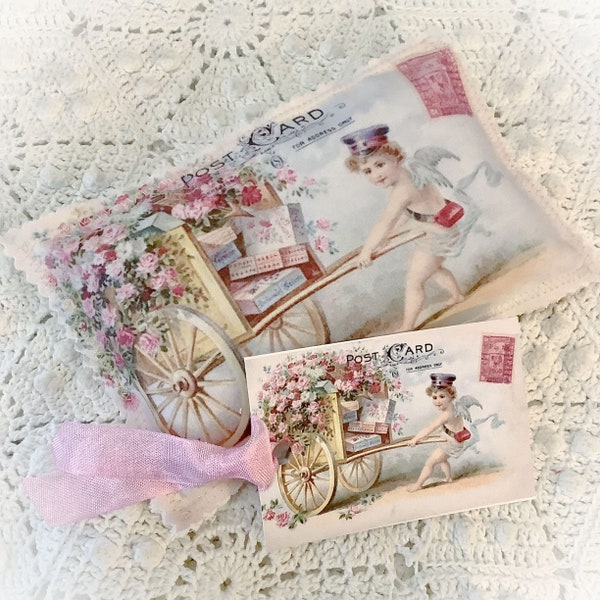 Vintage Valentine Postcard Lavender Sachet Flower Cart of Roses French Lavender buds ECS