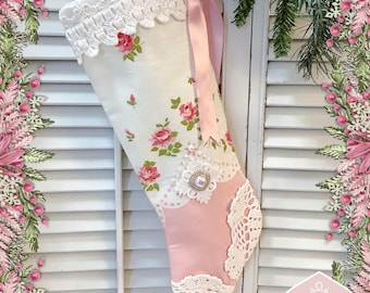 Victorian long stocking: French Pink Roses chic Vintage lace trim