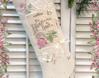Victorian long stocking: "Home is Where the Heart Is" Pink Rose Vintage lace trim