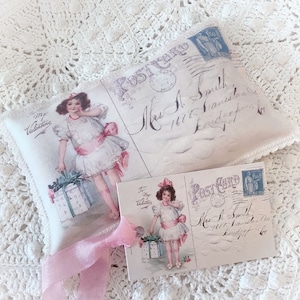 vintage Valentine Carte postale Lavande Sachet Pink Girl Français Bourgeons de lavande