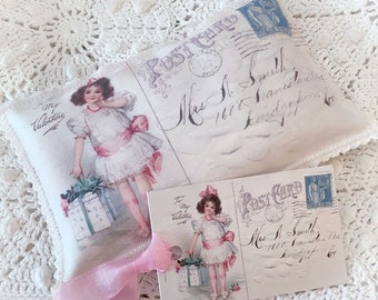 Vintage Valentine Postcard Lavender Sachet Pink Girl French Lavender buds ECS