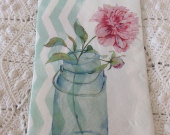 Peonies Decoupage Napkins: Pink Roses, Mason Jar Design (Set of 4)
