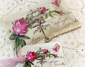 Pink Vintage Postcard Sachet Pink French Lavender buds birdcage