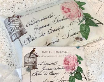 Bird cage Vintage Postcard Sachet Pink French Lavender buds or Rose Petals