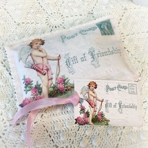 Vintage Valentine Postal Lavanda Sobre Regalo de Amistad Querubín Cogollos de Lavanda Francesa