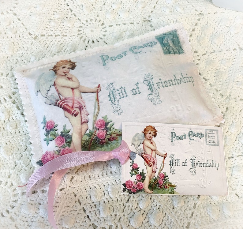 Vintage Valentine Postcard Lavender Sachet Gift of Friendship Cherub French Lavender buds image 1