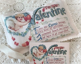 Vintage Valentine Postcard Lavender Sachet Blue with Cherub  French Lavender buds ECS