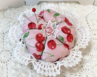 Cherries on Pink Pin/Jewelry Keep cushion vintage jello mold Sewing gift