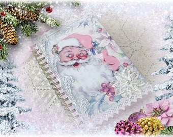 Pink Santa Journal Retro Christmas theme Spiral Travel Journal w/blank pages Shabby Cottage Charm