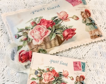 Vintage Postcard Sachet Pink Roses & children French Lavender buds