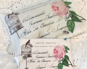 Vintage Postcard Lavender Sachet Pink Roses French Lavender buds Pink rose and birdcage  ECS Free ship USA