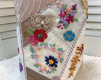 Embellished Vintage Journal: Ribbon Embroidery Crazy Patch w/Blank lined pages