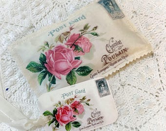 Vintage Paris Postcard Sachet Pink Roses French Lavender buds OR Rose Petals