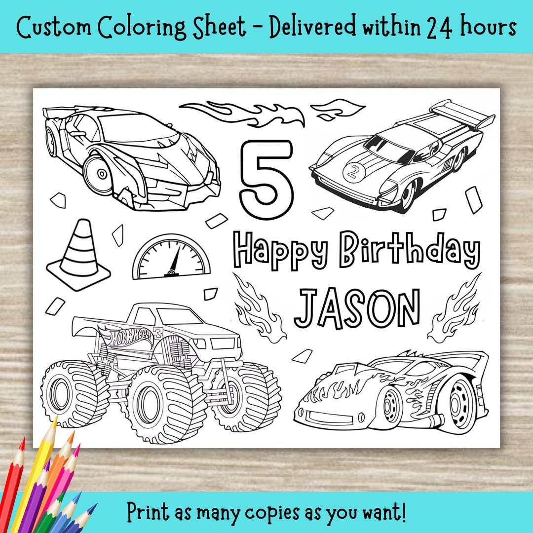 Customizable Cars Birthday Coloring Sheet Hot Wheels Printable Placemat ...
