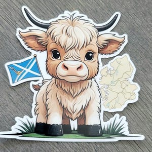 Vaca de las Tierras Altas inspirada en Outlander con mapa de Escocia / Pegatinas para portátiles, fundas de teléfonos, Kindles, botellas de agua, vasos, cuadernos, diarios