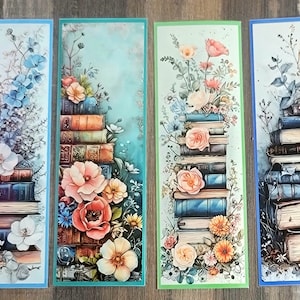 Laminated Bookmarks, stacked books, floral designs, book accessories